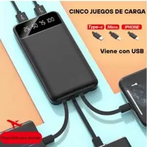 Imagen del Power Bank Portátil 10000mAh compacto con cables USB-C, Lightning, Micro USB y USB-A integrados